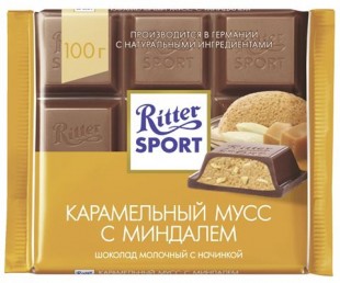 Шоколад молочный RITTER SPORT "Карамельный мусс с миндалем", 100 г, флоу-пак