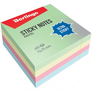 Блок самоклеящийся BERLINGO "Ultra Sticky", 75х75 мм, 400 листов, пастель, 4 цвета