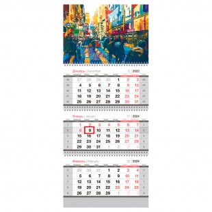 Календарь квартальный 2024 OFFICE SPACE "City life", 660х295 мм, 3 блока, на гребне, бегунок