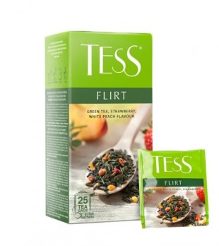 Чай зеленый TESS "Flirt", клубника и аромат белого персика, 25 пакетиков, коробка