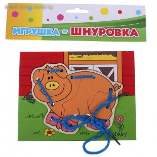 Игрушки из дерева , Игрушка - Шнуровка "СВИНКА НА ФЕРМЕ"