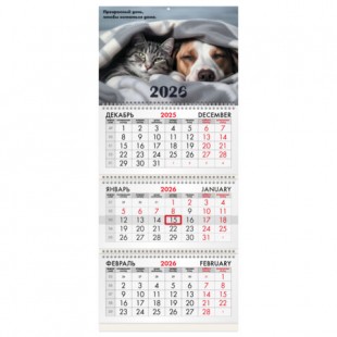 Календарь квартальный 2026  BRAUBERG, "Домашние любимцы" 3 блока, 295х682 мм