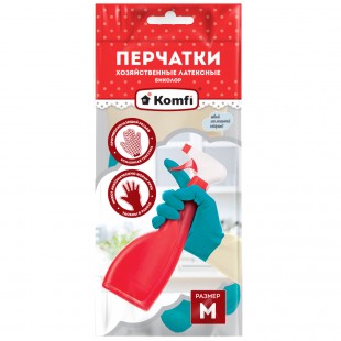 Перчатки хозяйственные KOMFI "Биколор", размер M, латекс, бежевый/бирюзовый