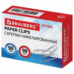 Скрепки BRAUBERG EXTRA , 50 мм, никель, серебристый, комплект 50 штук