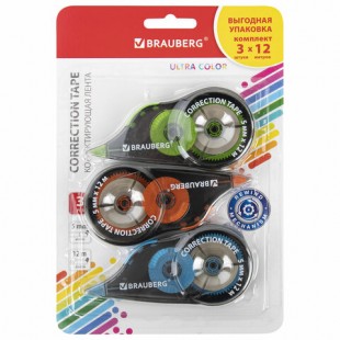 Корректирующая лента BRAUBERG ULTRA COLOR, , 5 мм х 12 м, 3 шт/упак