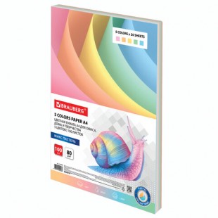 Бумага цветная BRAUBERG, А4, 80 г/м2, 100 л., пастель, 5 цветов