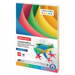 Бумага цветная BRAUBERG , А4, 80 г/м2, 100 листов, медиум, 5 цветов