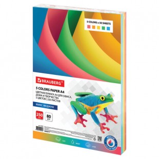 Бумага цветная BRAUBERG , А4, 80 г/м2, 250 листов, медиум, 5 цветов