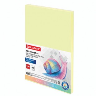 Бумага цветная BRAUBERG, А4, 80 г/м2, 100 л., пастель, желтая