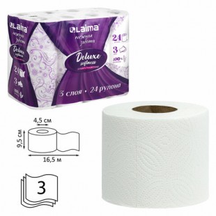 Туалетная бумага LAIMA Deluxe, 16.5 м х 24 штук, 3 слоя, белый