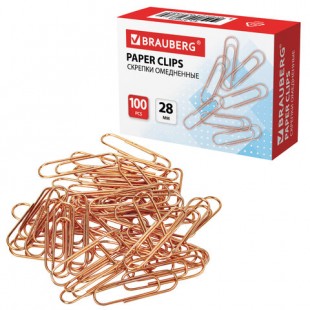 Скрепки BRAUBERG, 28 мм, металл, медь, комплект 100 штук